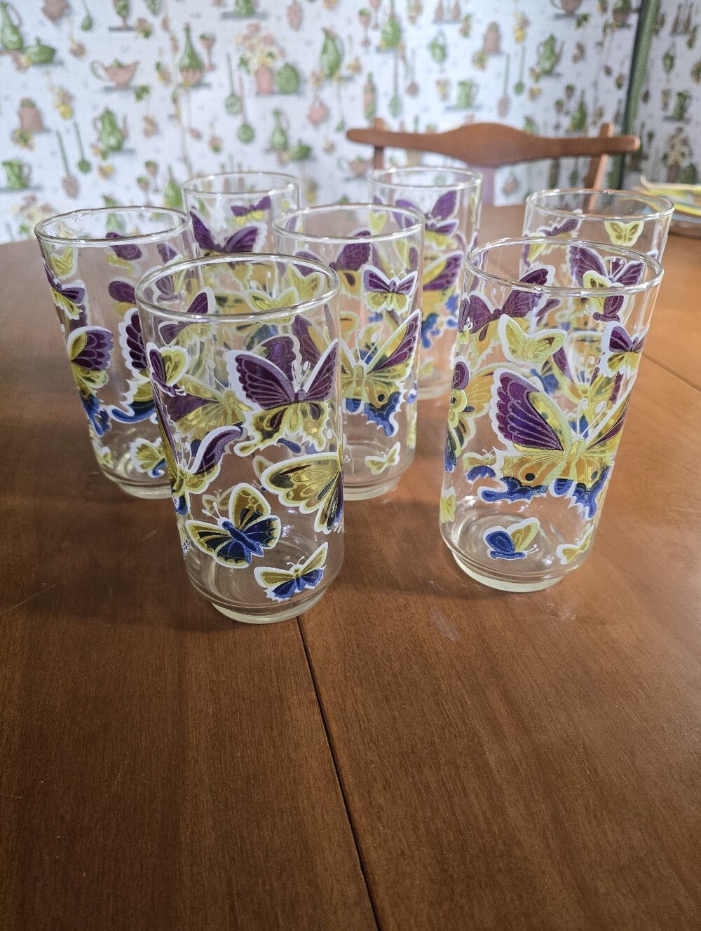 Vintage Libbey Butterfly Purple Blue Yellow Glass Tumblers, Set Of 7, 14oz